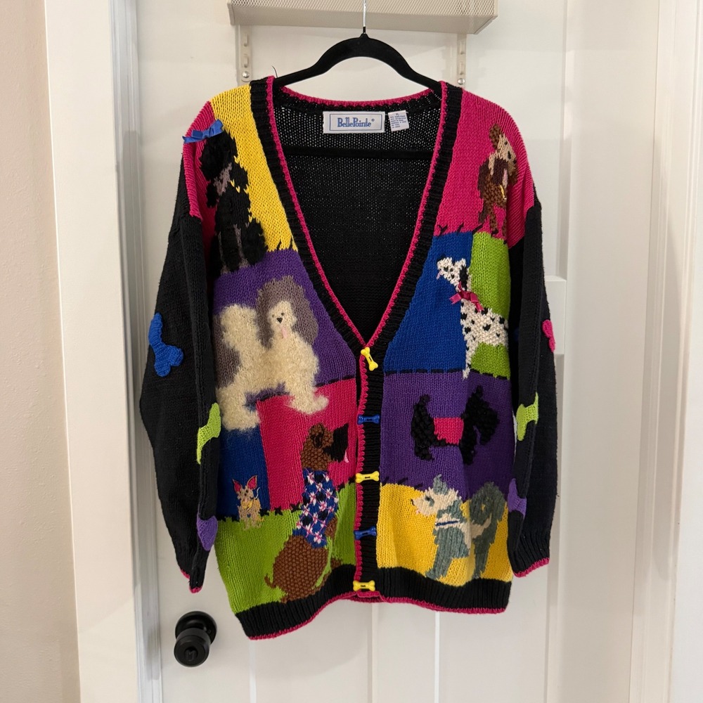 Vintage Belle Pointe Women's XL Dog Puppy Patchwork Knit Cardigan‎ Sweater